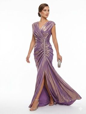 Tadashi Shoji Metallic Purple Draped Gown Size 12 Formal Evening Dress